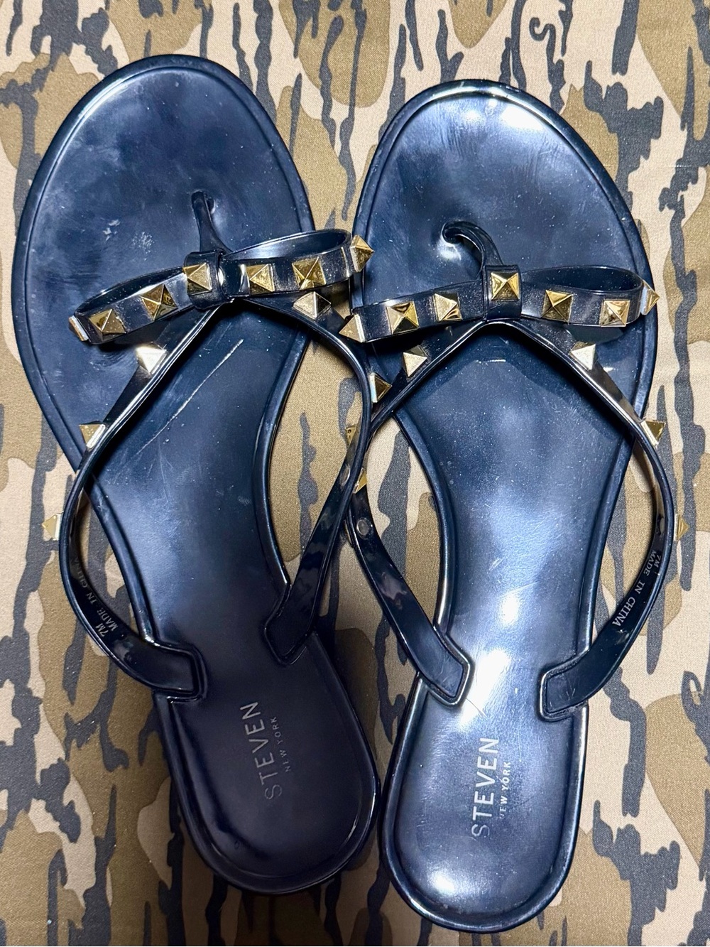 Seven7 Black Jelly Thong Sandals with Gold Studs